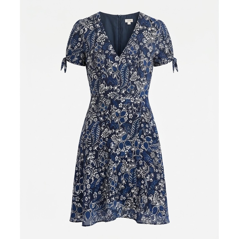 J.Crew Floral Fit and Flare Dress Womens 8 Blue V-Neck Short Sleeve Tie Good